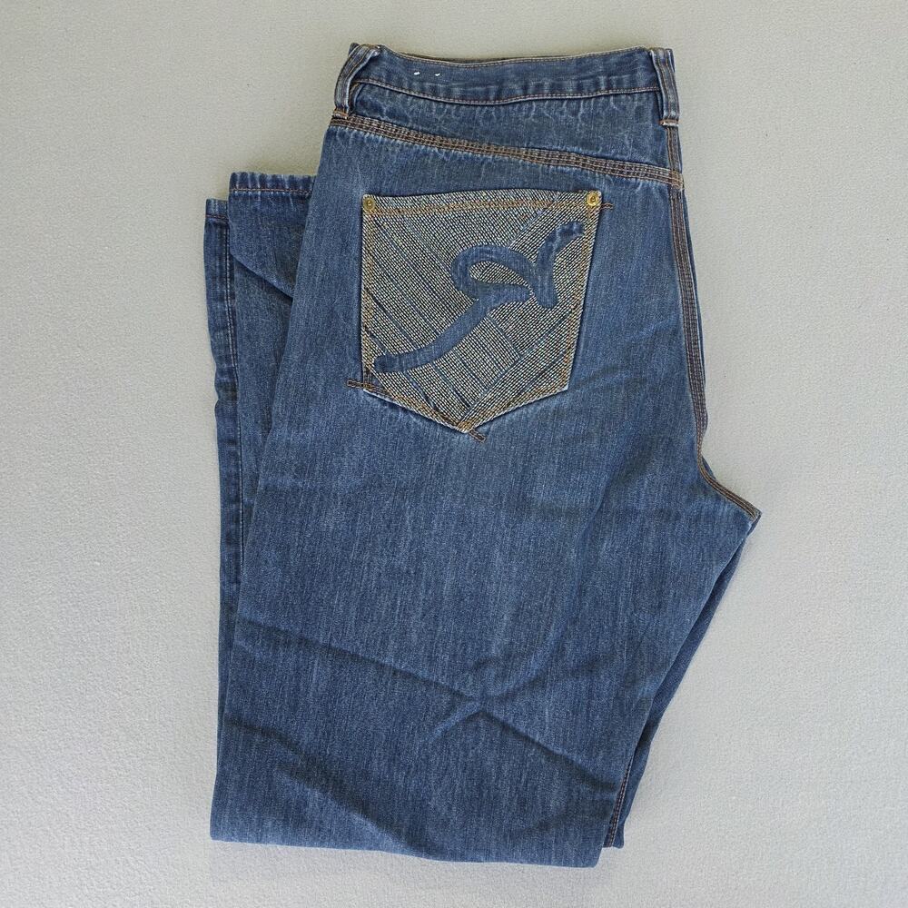 Vintage Rocawear Jeans Mens 40 Baggy Embroidered Blue Wide Leg Y2K Hip Hop